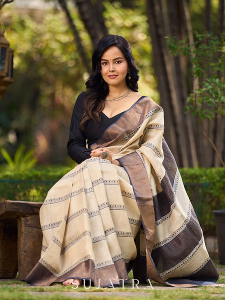 Ivory and Brown Pure Tussar Silk Block Printed Saree Accented with Subtle Stripes and Handcrafted Detailing
