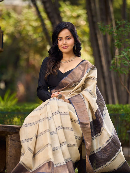Ivory and Brown Pure Tussar Silk Block Printed Saree Accented with Subtle Stripes and Handcrafted Detailing