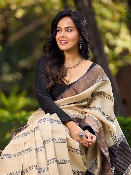 Ivory and Brown Pure Tussar Silk Block Printed Saree Accented with Subtle Stripes and Handcrafted Detailing