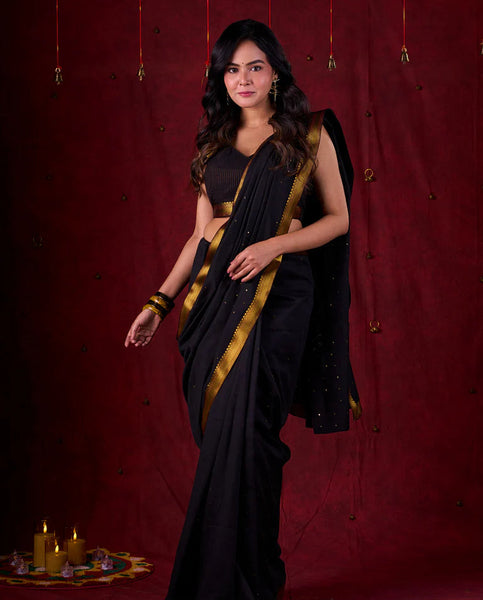Black Luxe Saree Featuring All-Over Sequins and Ornate Zari Border