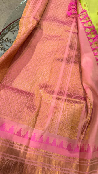 Mint Pistachio Green and Pink Pure Silk Handloom Gadwal Saree