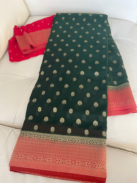 Forest Green and Red Georgette Chiffon Saree