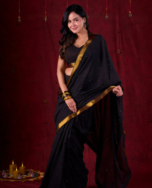 Black Luxe Saree Featuring All-Over Sequins and Ornate Zari Border