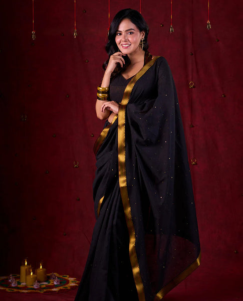 Black Luxe Saree Featuring All-Over Sequins and Ornate Zari Border