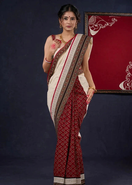 Hakoba & Ajrakh Combination Saree with Lace Border