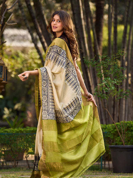 Off-White Handwoven Pure Tussar Silk Block Printed Saree with Traditional Green and Gold Zari Detailing