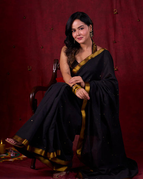 Black Luxe Saree Featuring All-Over Sequins and Ornate Zari Border