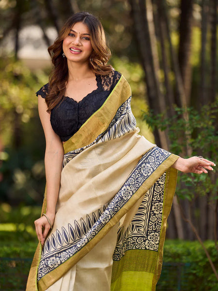 Off-White Handwoven Pure Tussar Silk Block Printed Saree with Traditional Green and Gold Zari Detailing