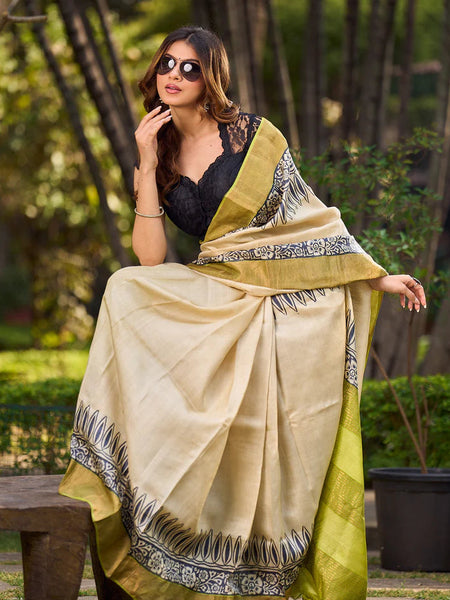 Off-White Handwoven Pure Tussar Silk Block Printed Saree with Traditional Green and Gold Zari Detailing