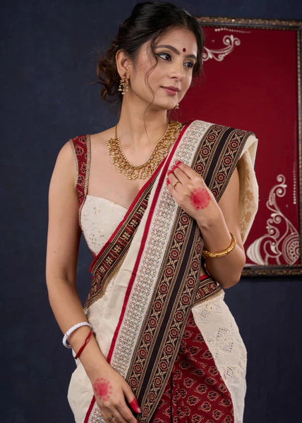 Hakoba & Ajrakh Combination Saree with Lace Border
