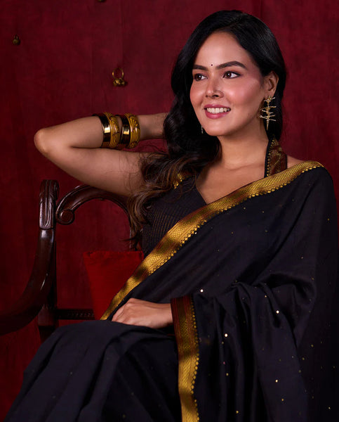 Black Luxe Saree Featuring All-Over Sequins and Ornate Zari Border