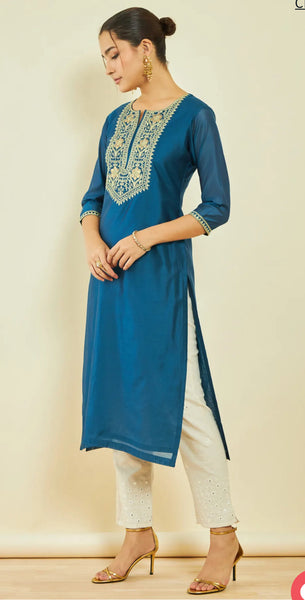 Blue Chanderi Floral Embroidered Straight Kurta with Sequin Details