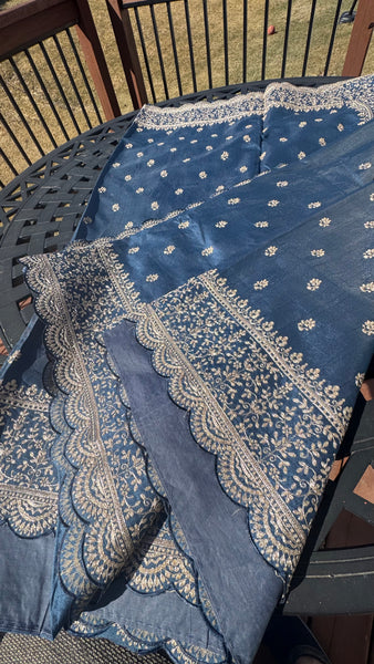 Royal Blue and Gold Tussar Silk Saree with Zari Butta's