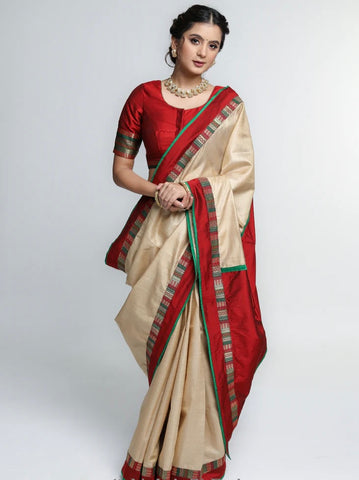 PURE TUSSAR SILK SAREE WITH BANARASI BORDER AND MAROON PALLU