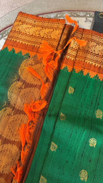 Green and Orange Pure Handloom Raw Gadwal Silk Saree