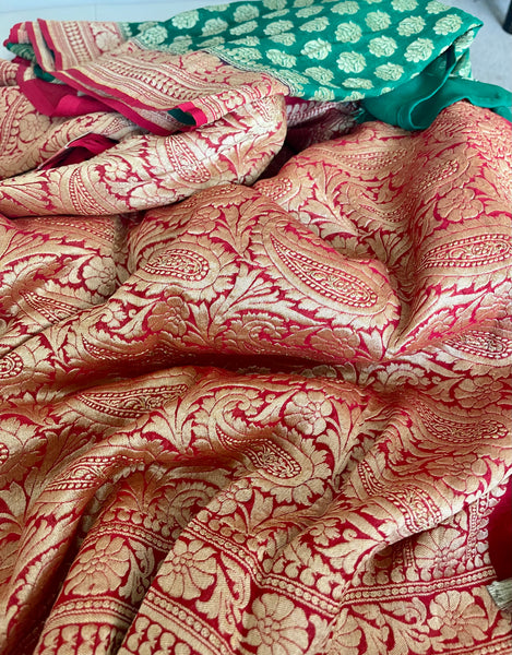 Green and Red Pure Khaddi Georgette Chiffon Silk Saree