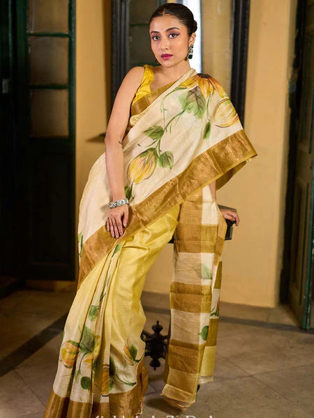Beige Tussar Silk Saree with Floral Motifs and Zari Accents