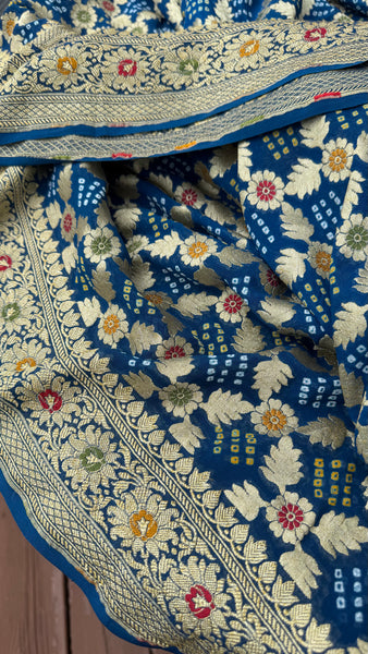 Blue and Gold Khaddi Banarasi Chiffon Georgette Saree