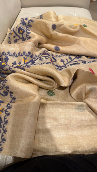 Navy Blue Handwoven Pure Tussar Silk Jamdani Saree