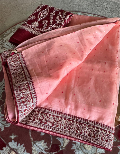 Shade of Peach Pink Handloom Net Silk Saree