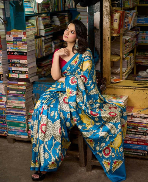 Blue Tussar Silk Saree with Bold Kalamkari Motifs