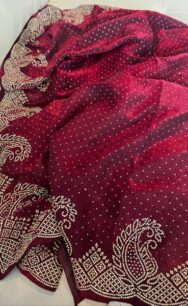 Deep Maroon Silk Crepe All-Over Stone Embellished Saree