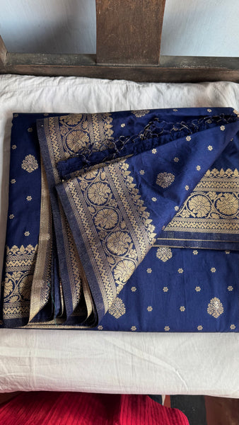Navy Blue and Gold Pure Tussar Crepe Silk Saree