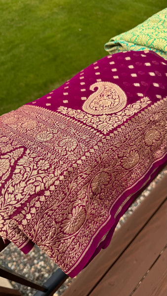 Wine Burgundy Pure Khaddi Georgette Chiffon with Stitched Net Blouse