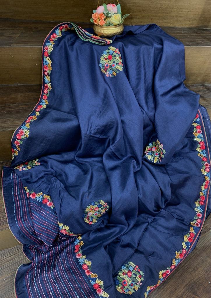 Blue Munga Silk Saree with French Knot threadwork