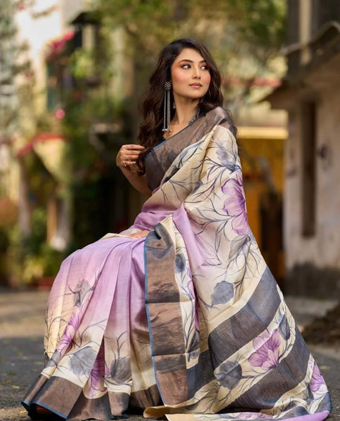 Dusty Lavender Tussar Silk Saree with Elegant Floral Print & Zari Border
