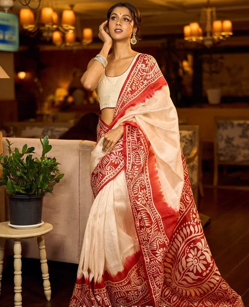 Red & Ivory Batik Saree