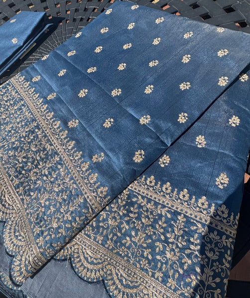 Royal Blue and Gold Tussar Silk Saree with Zari Butta's