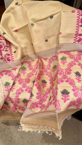 Pink Handwoven Pure Tussar Silk Jamdani Saree