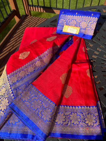 Tomato Red Soft Banarasi Pattu Katan Silk Saree with Zari weaves with Deep Navy Blue Border