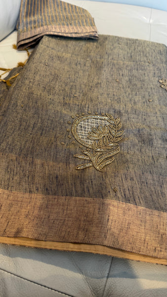 Dual Tone Grey Silver Gold Tone Tissue Linen Saree