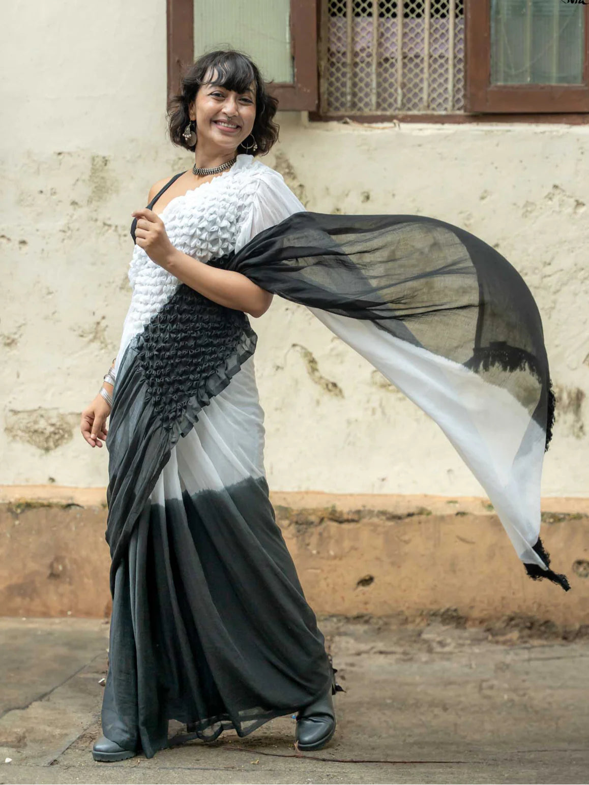 Black and White Mul Mul Cotton Saree with Hand Knots and Color Contrast