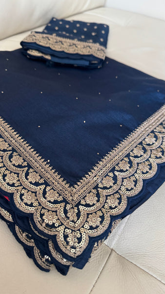 Midnight Blue Tussar Silk Saree with Zardosi Border