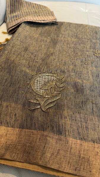 Dual Tone Grey Silver Gold Tone Tissue Linen Saree