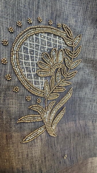 Dual Tone Grey Silver Gold Tone Tissue Linen Saree