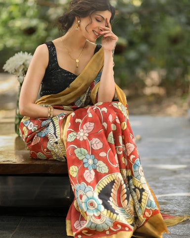 PURE SILK PEN KALAMKARI HANDPAINTED MILK WASH SAREE