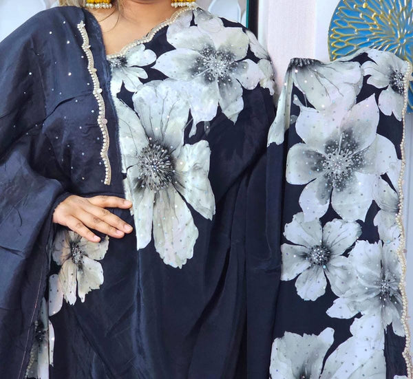 Black and Off White Crepe digital print with pearl and Katdana borders