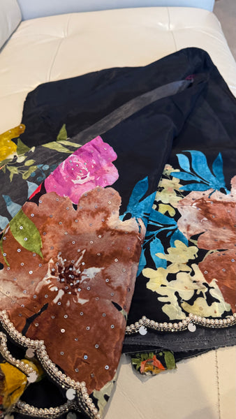 Black Multicolor Crepe digital print with pearl and Katdana borders