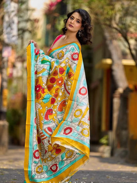 Aqua Blue Tussar Silk Saree with Statement Kalamkari Print
