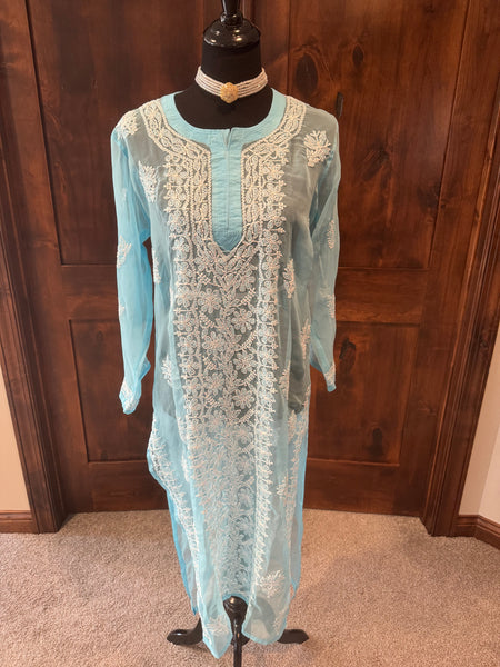 Sky Blue Georgette Lucknowi Chikankari long Kurti