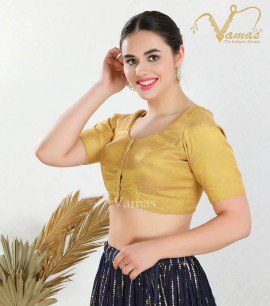 Gold Shimmer Padded Front Open Elbow Sleeves Saree Blouse