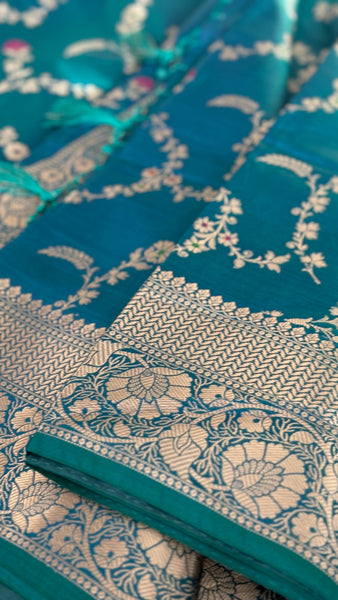 PEACOCK BLUE FLORAL SILK SAREE with SILVER ZARI BORDER