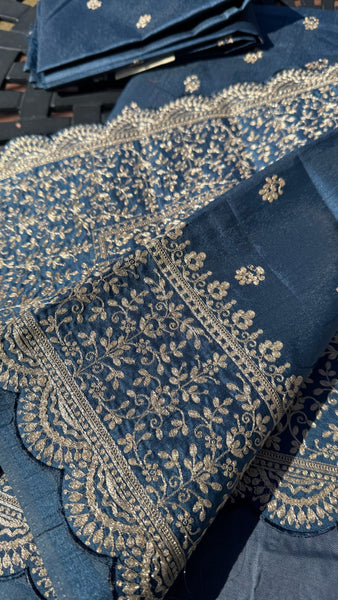 Royal Blue and Gold Tussar Silk Saree with Zari Butta's