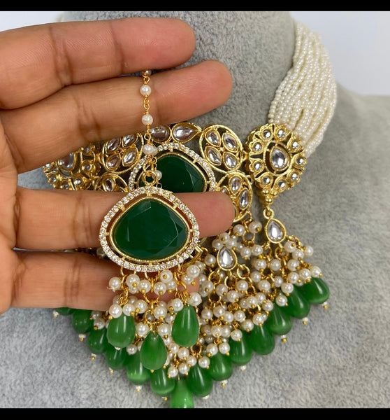 Emerald Green Pearl Kundan Choker 3 piece set