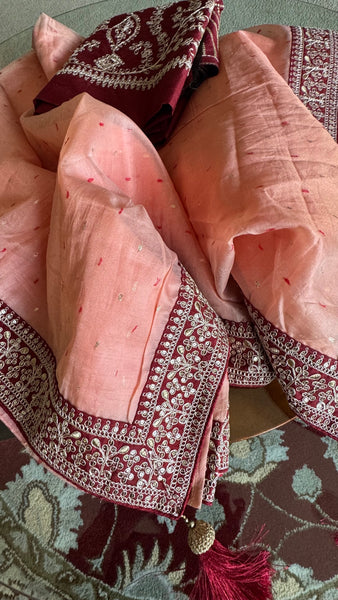 Shade of Peach Pink Handloom Net Silk Saree