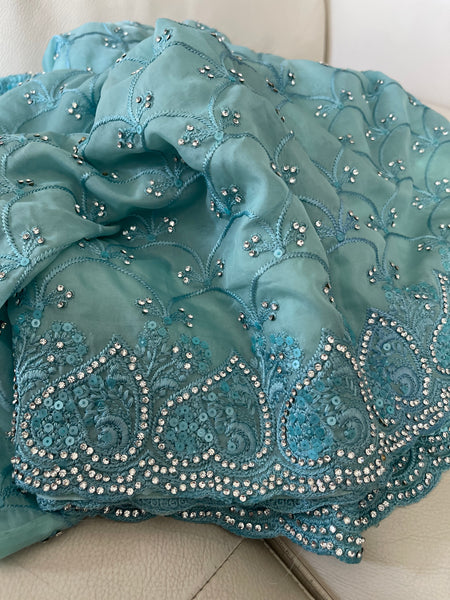Teal Sky Blue Georgette Silk Saree with Crystals